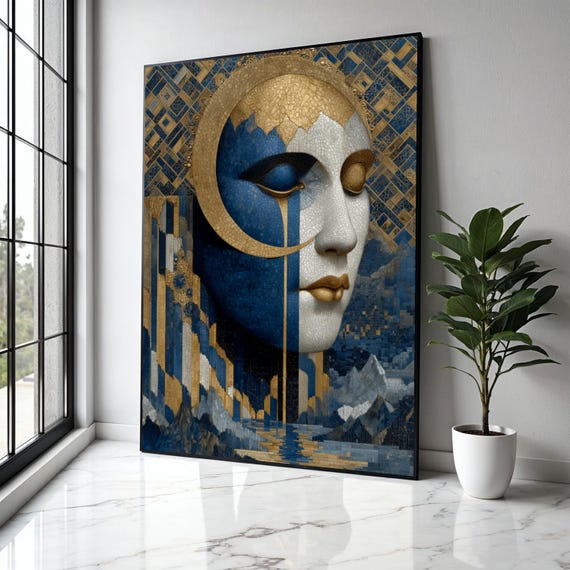 Elegant Mosaic Woman Face Canvas Blue Gold Abstract Wall Art Modern Artistic Portrait Contemporary Home Gift Decor Print
