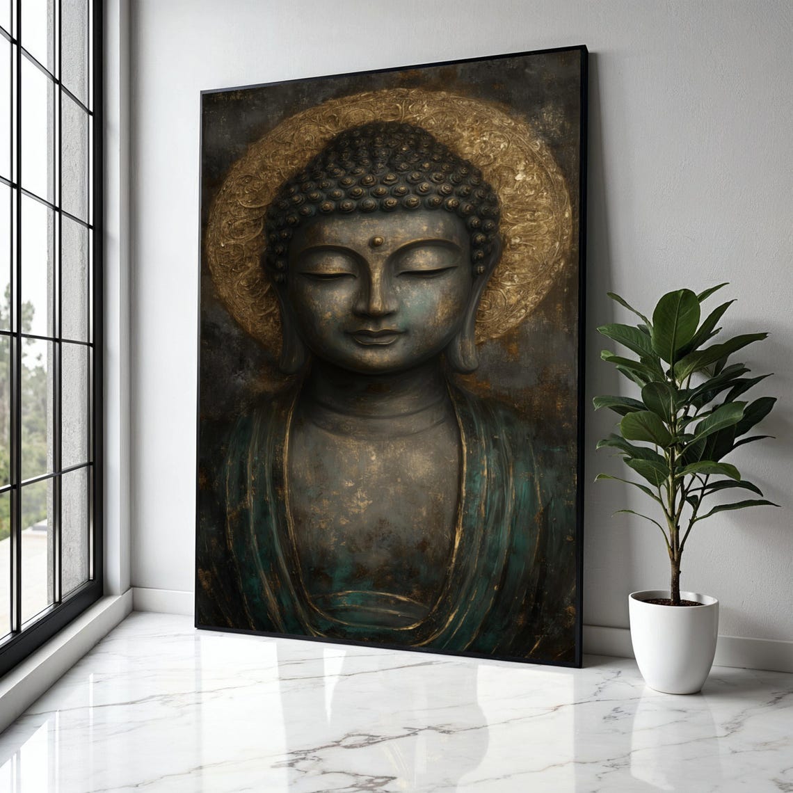 Ancient Serene Bronze Buddha Golden Halo Meditation Art Poster