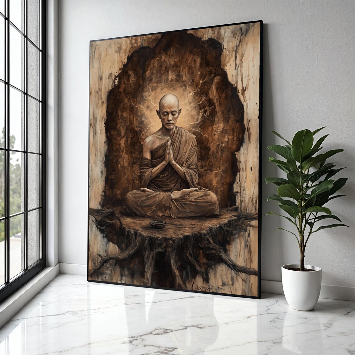 Meditative Buddhist Monk Art Print, Zen Spirituality
