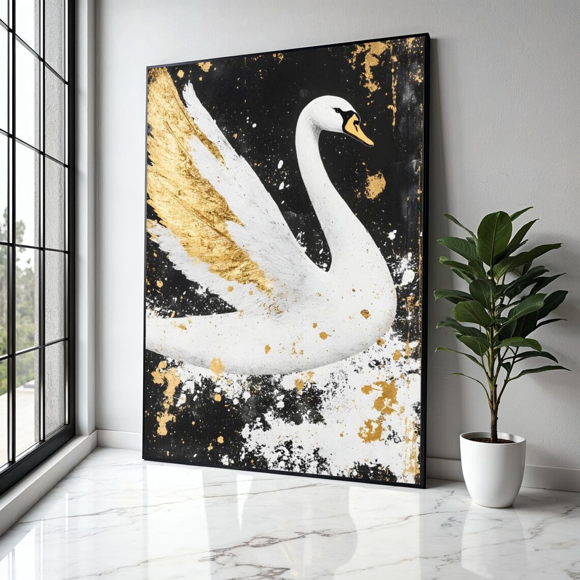 Elegant White Swan With Golden Wing On Black Splatter Poster