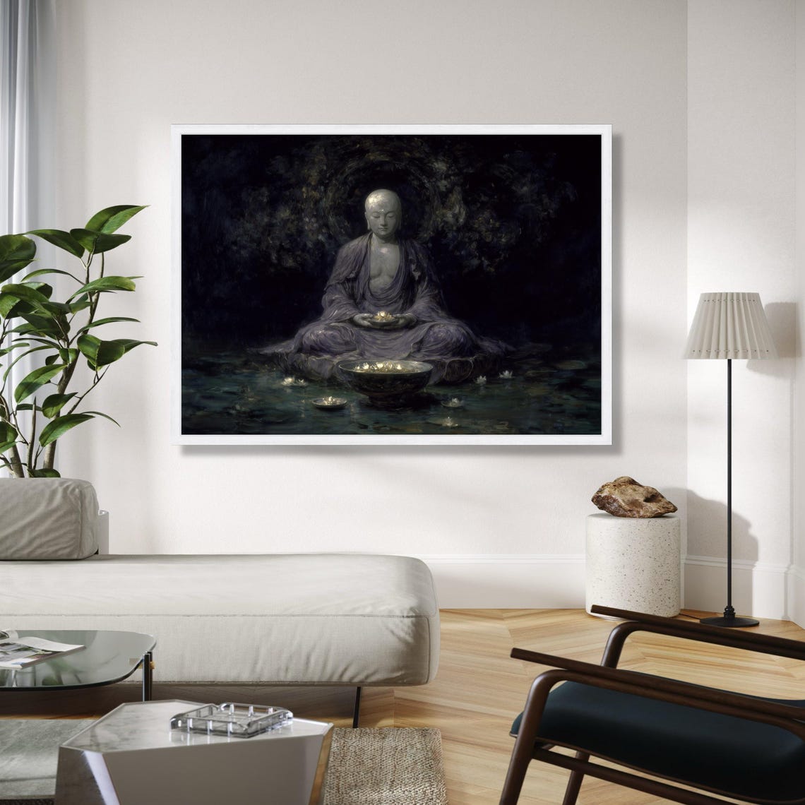 Meditating Buddha Under Night Canopy With Candle Offerings Poster