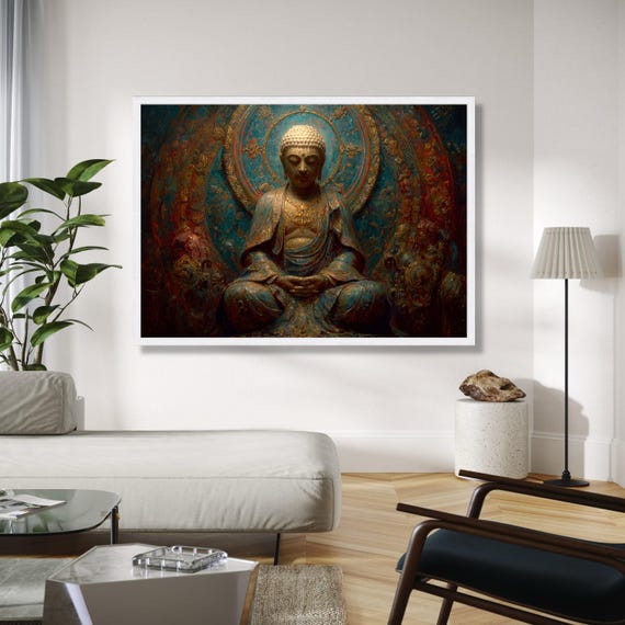 Serene Buddha Meditation Statue Vintage Asian Canvas Wall Art Spiritual Zen Home Decor Intricate Gold And Gift Print