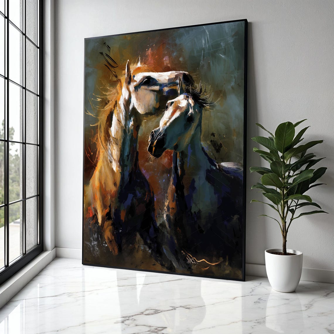 Two Wild Horses Heads Together Bold Expressionist Painting Poster