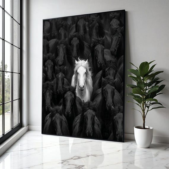 White Horse Among Black Stallions Contrast Canvas Wall Art Equine Animal Portrait Unique Nature Decor Bold Gift Home Print