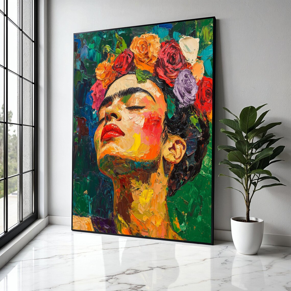 Frida Kahlo Style Flower Crown Bold Impasto Oil Portrait Poster