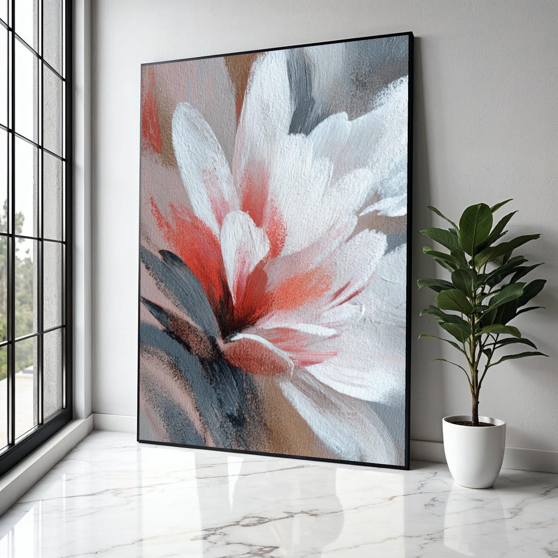 Bold Abstract White And Red Flower Close Up Textured Art Poster