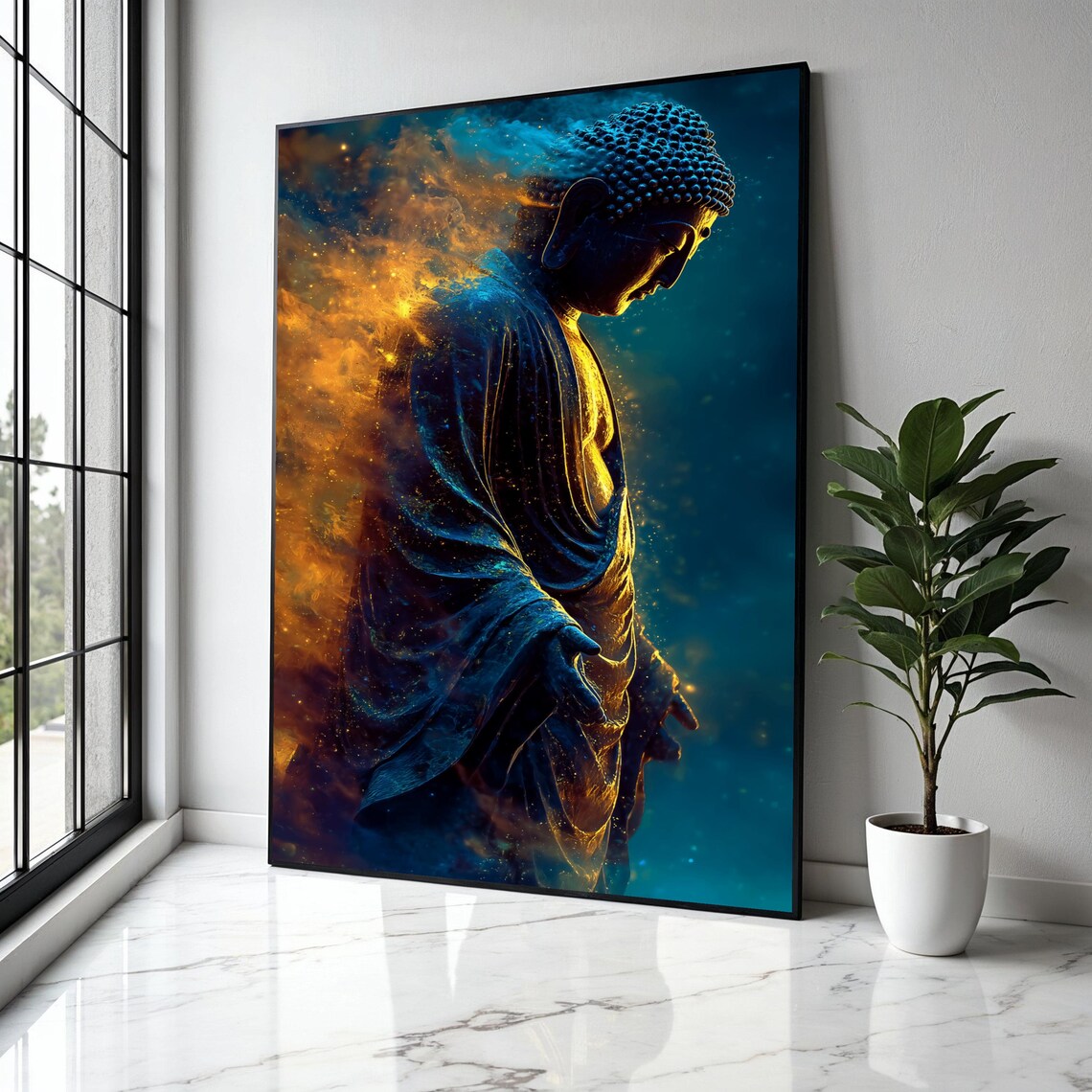 Buddha Figure Dissolving Into Cosmic Gold and Blue Nebula Poster