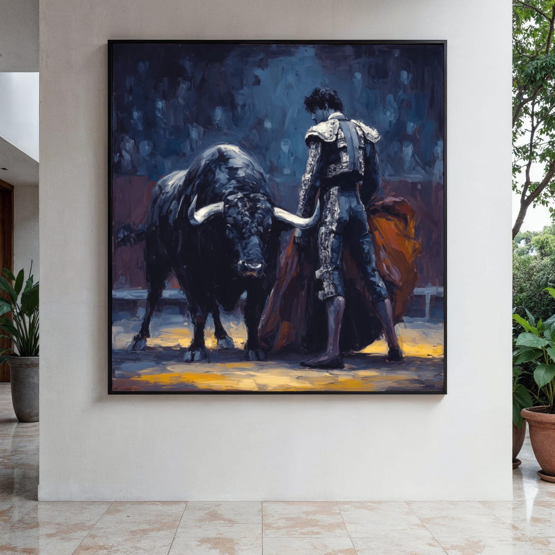 Matador Facing Black Bull In Arena Dramatic Night Scene Poster