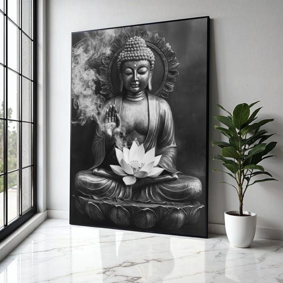 Serene Buddha Statue Canvas Wall Art Meditative Flower Zen Home Decor Spiritual Meditation Gift Print