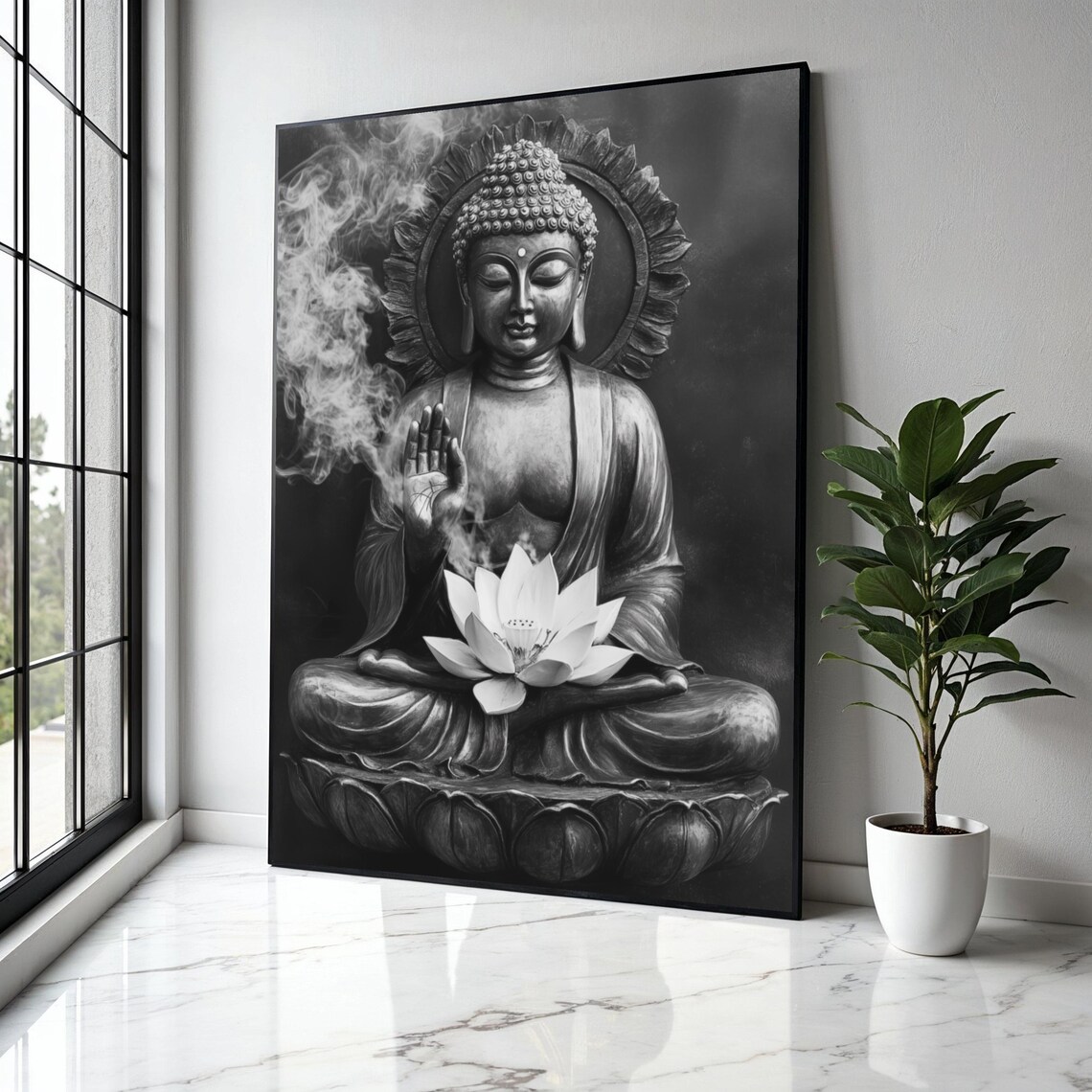 Black and White Buddha Statue Lotus Smoke Blessing Hand Poster