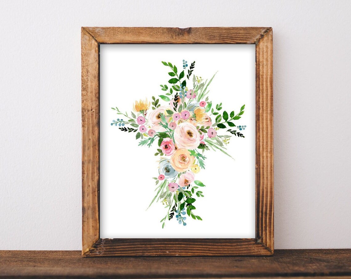 Boho Floral Cross Watercolor Easter Christian Faith Decor Poster