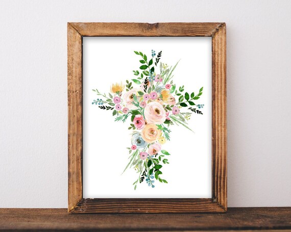 Boho Floral Cross Watercolor Easter Christian Faith Decor Poster
