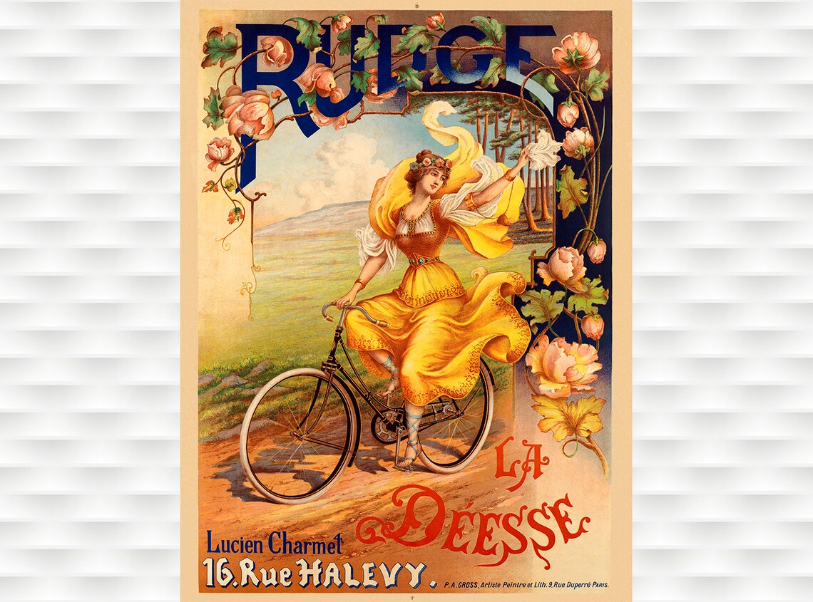 Rudge La Deesse Woman Bicycle Floral Belle Epoque Vintage Poster