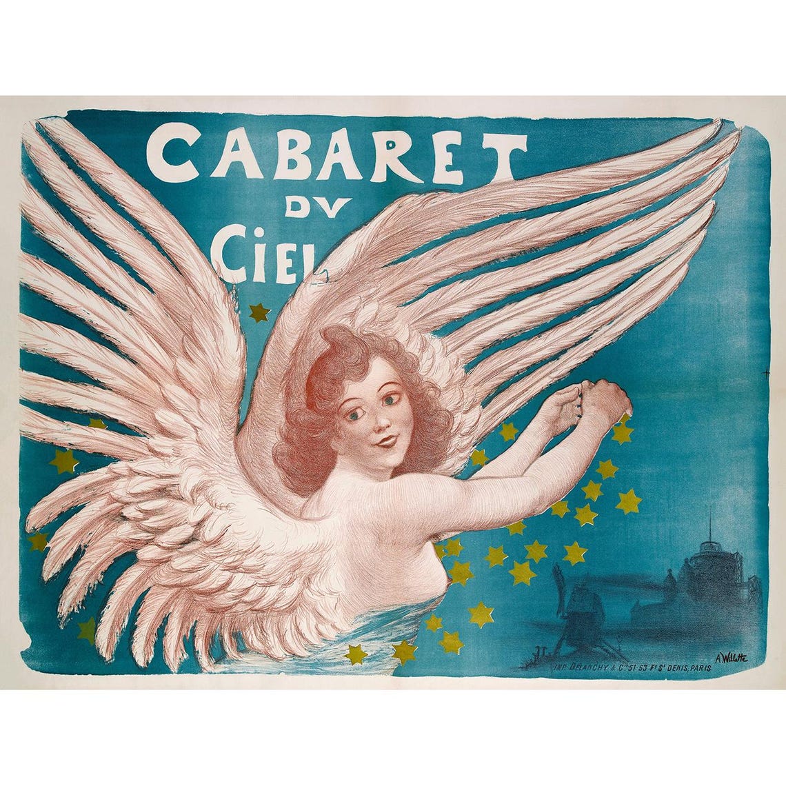 Cabaret du Ciel Paris Angel Wings Stars Blue Night Sky Art Poster