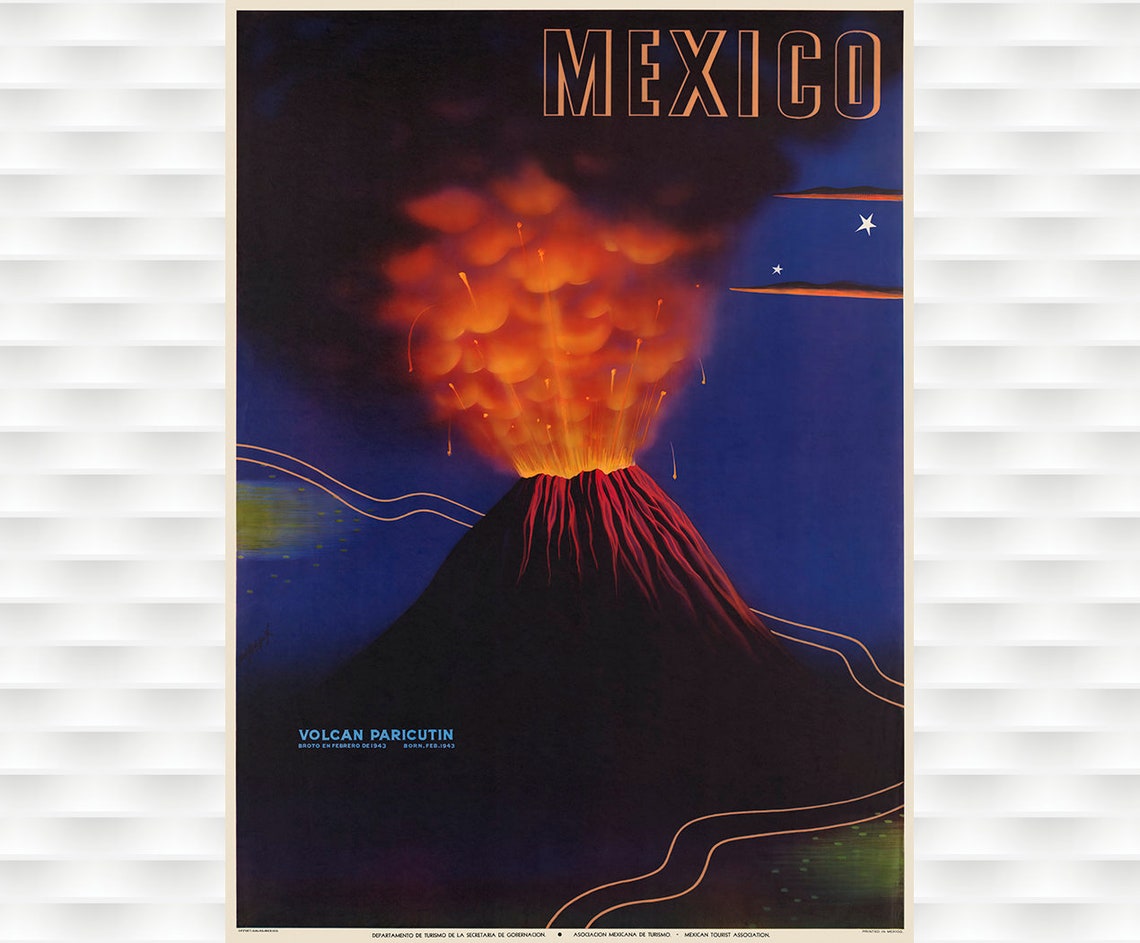 Mexico Volcan Paricutin Erupting Volcano Night Vintage Travel Poster