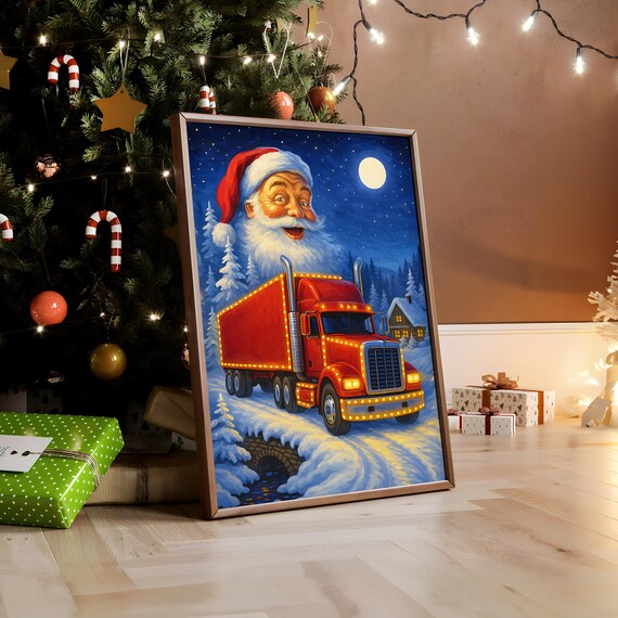 Santa Claus Giant Red Truck Snowy Christmas Night Holiday Poster