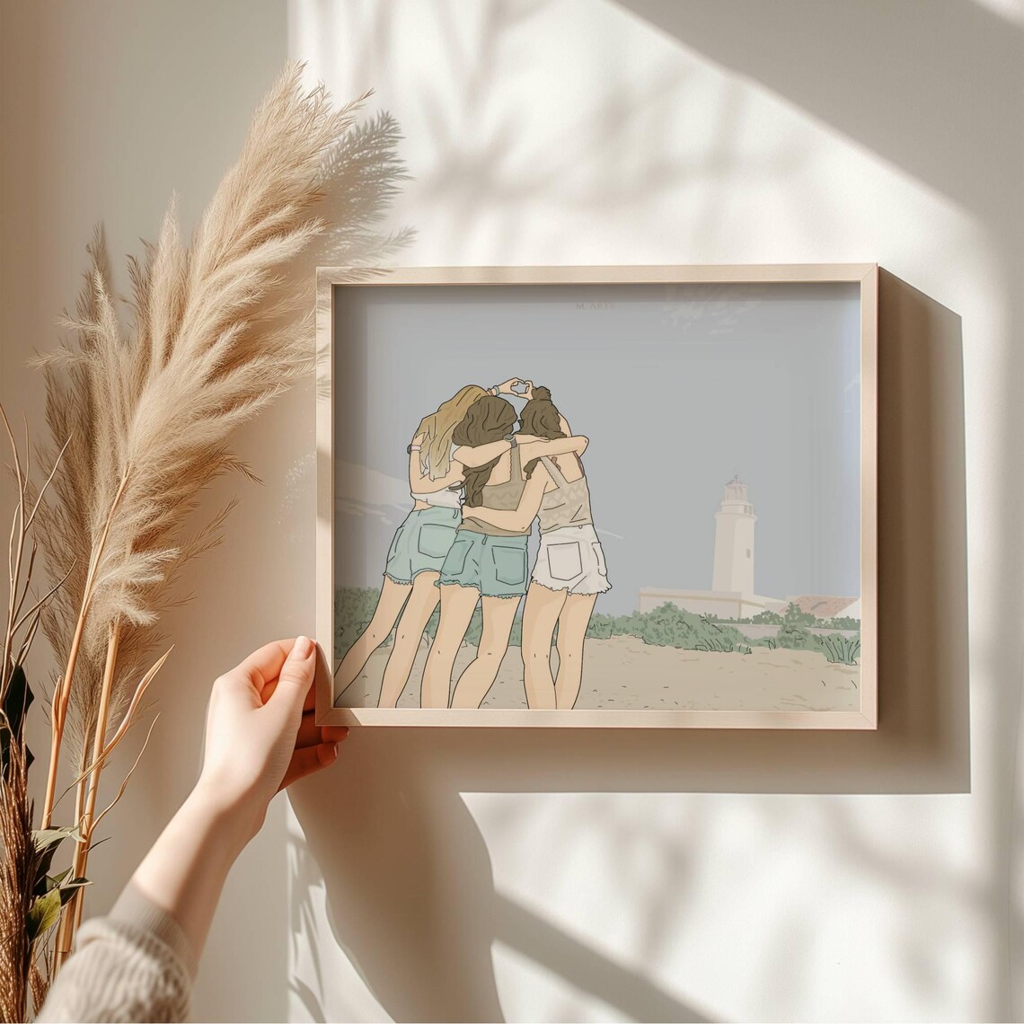 Three Friends Hugging Beach Lighthouse Faceless Friendship Poster