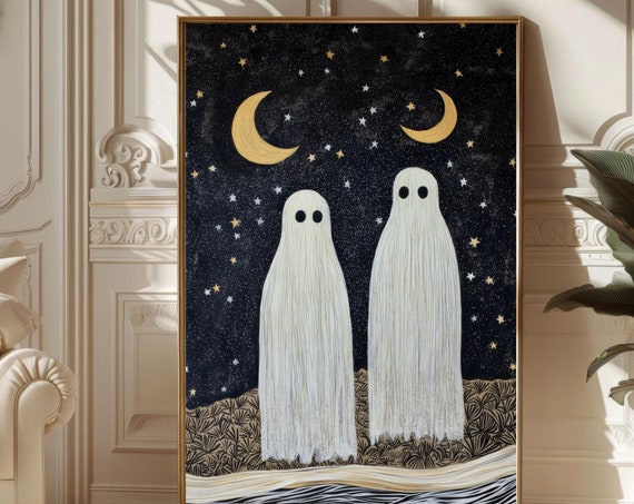 Two Cute Ghosts In Flower Woods Print Romantic Dark Academia Moody Cottagecore Spooky Decor Vintage Poster Gothic Painting Reading Ghost