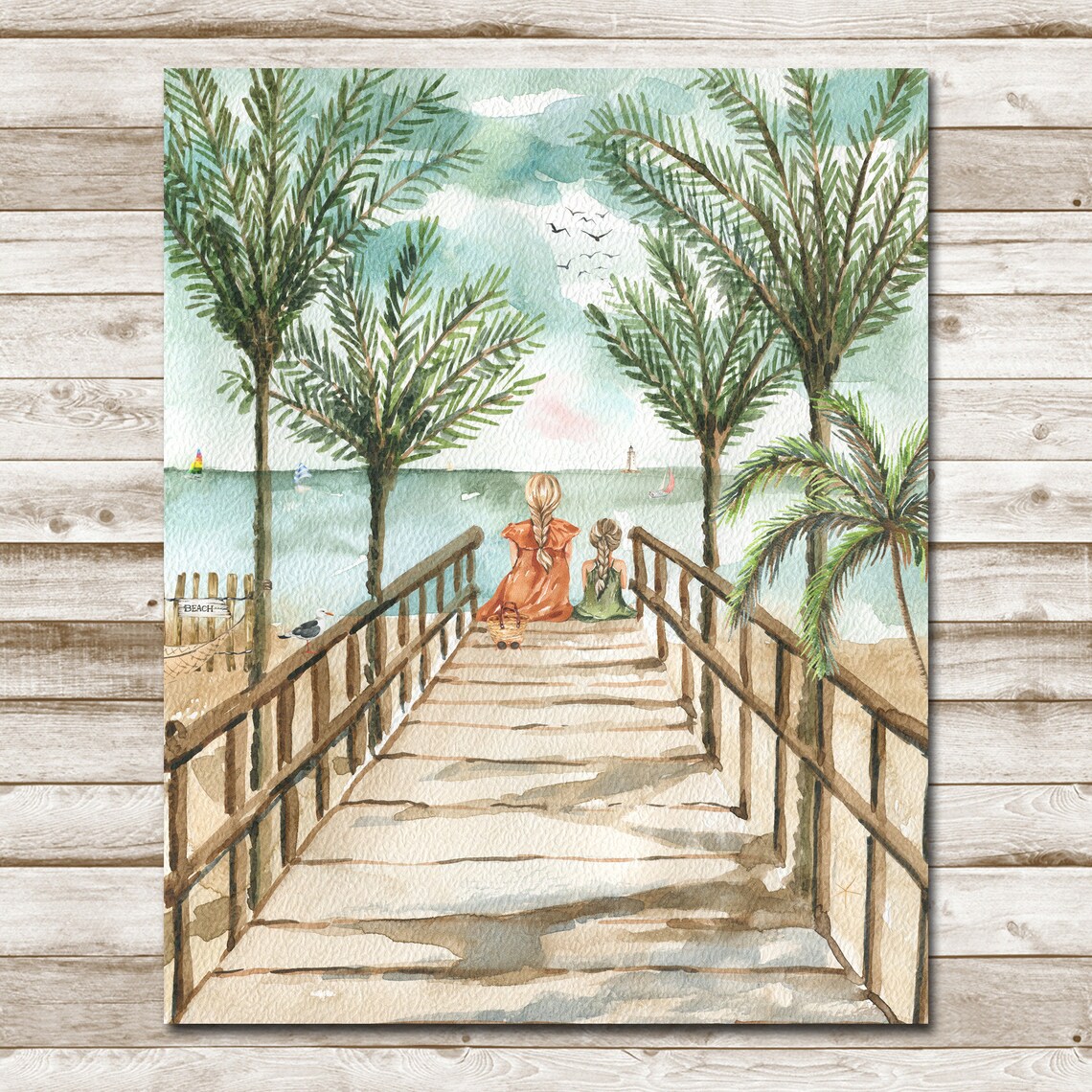 Girls On Boardwalk Palm Trees Beach Watercolor Seaside Wall Art - Image 4