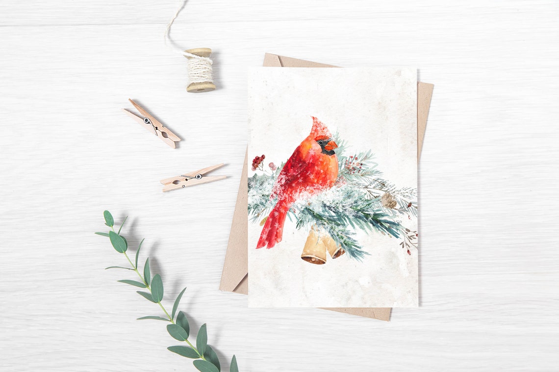Red Cardinal On Snowy Pine Branch Golden Bells Winter Bird Poster - Image 3