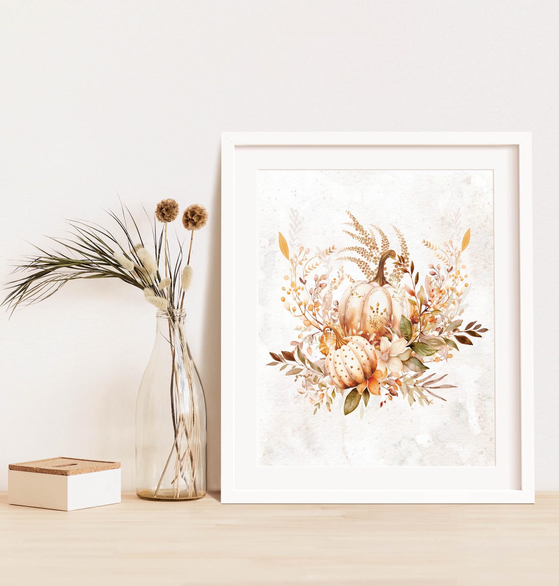 White Pumpkins Autumn Botanical Watercolor Fall Harvest Wall Art - Image 3