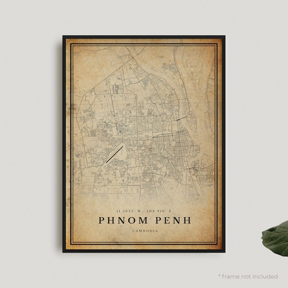 Phnom Penh Vintage City Map Poster Antique Style Cambodia Decor