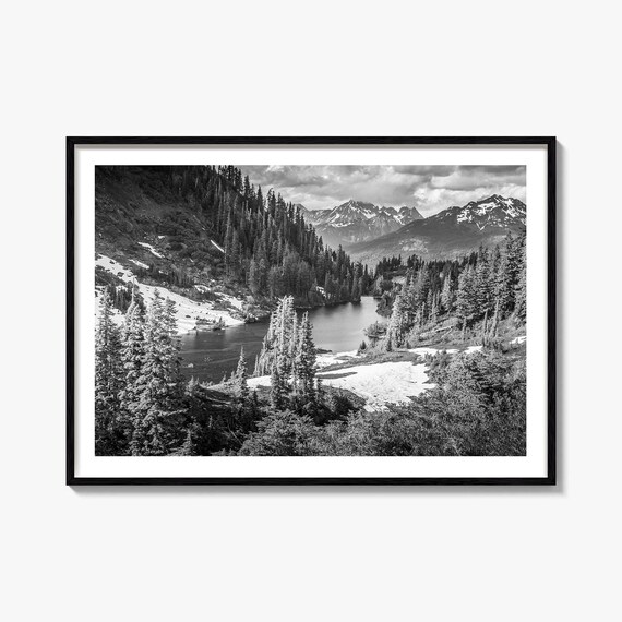 Yosemite National Park Alpine Lake Snow Peaks Black White Poster