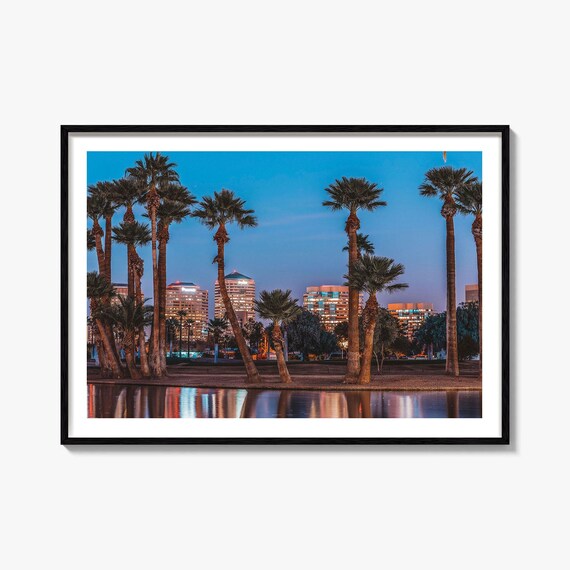 Phoenix Palm Trees Lake Downtown Dusk Blue Hour Desert Poster