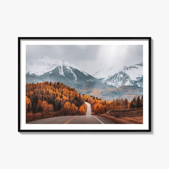 Aspen Colorado Autumn Mountain Road Snow Peaks Foliage Poster