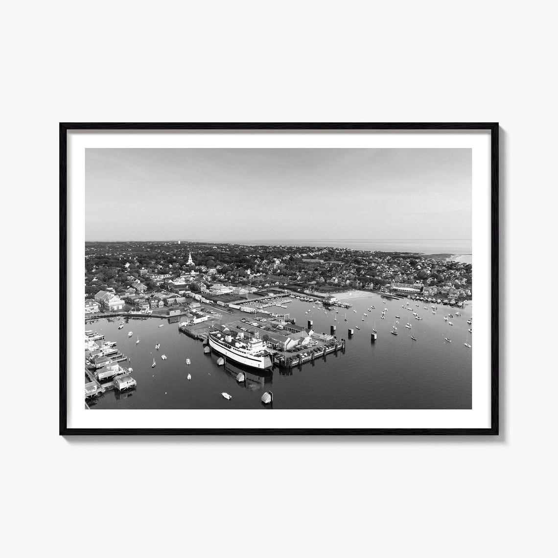 Nantucket Island Harbor Ferry Aerial Black White Photo Poster