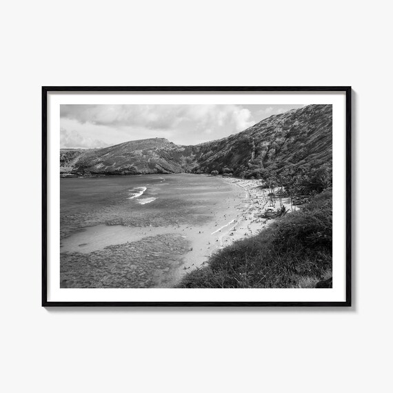 Hanauma Bay Oahu Hawaii Volcanic Beach Black and White Photography Poster