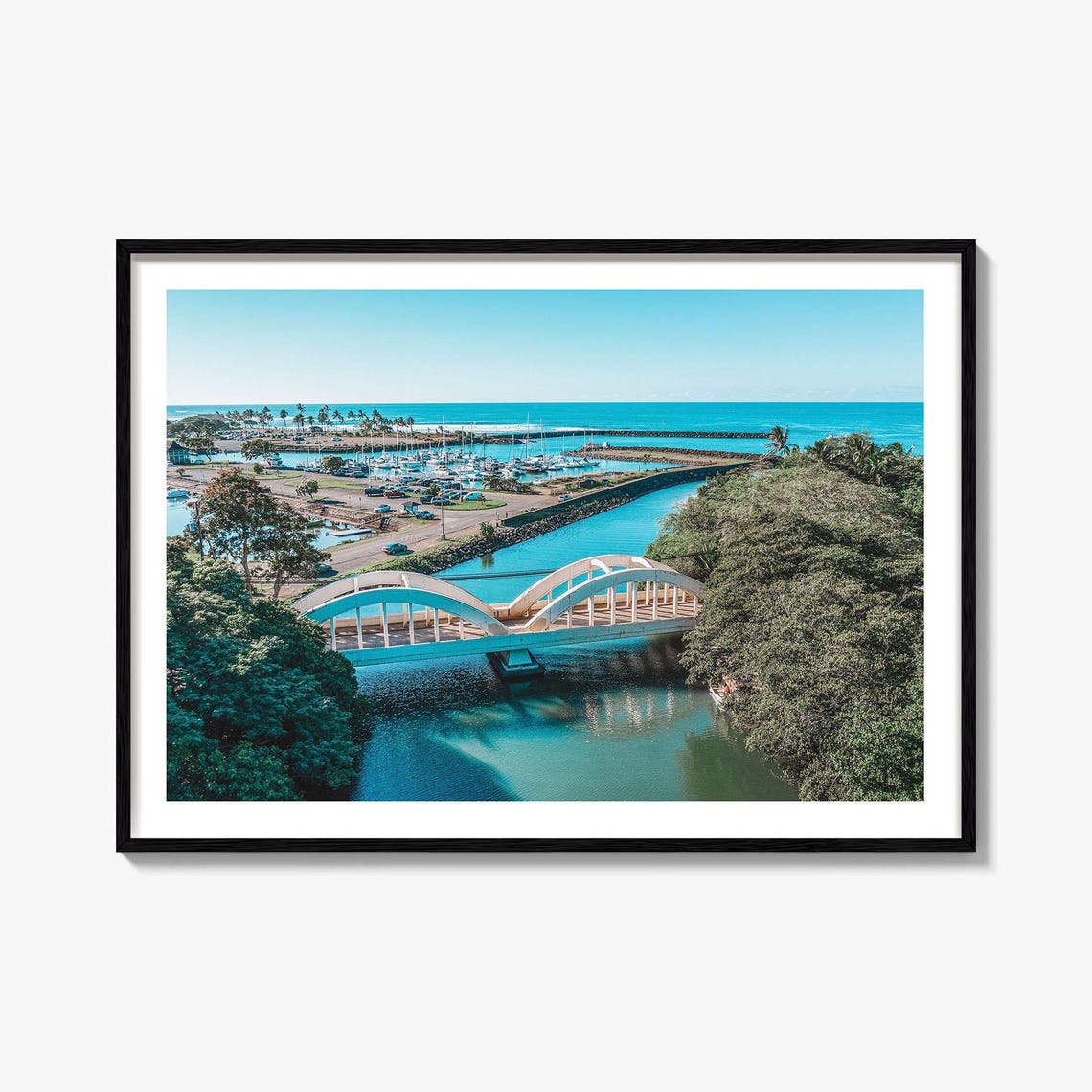 Haleiwa Hawaii Rainbow Bridge Harbor Turquoise Water Palm Trees Poster