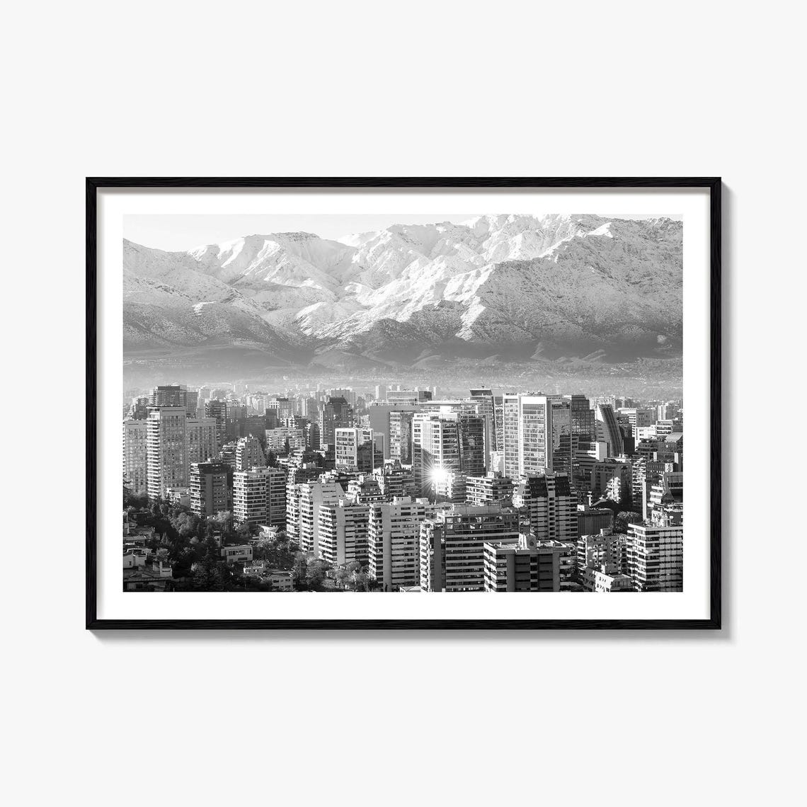 Santiago Chile Black White Skyline Snow Capped Andes Mountains Poster