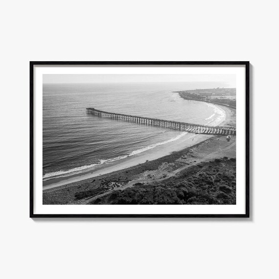 Ventura California Ocean Pier Black and White Aerial Photography Poster