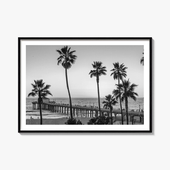 Black and White Palm Trees Ocean Pier Beach Photography Poster