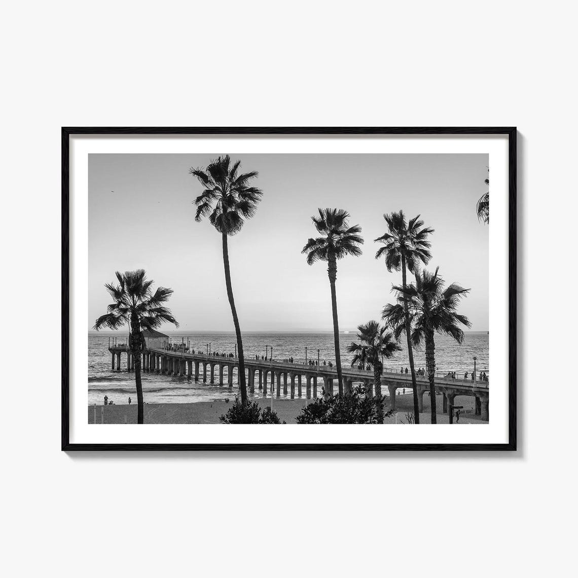 Black and White Palm Trees Ocean Pier Beach Photography Poster