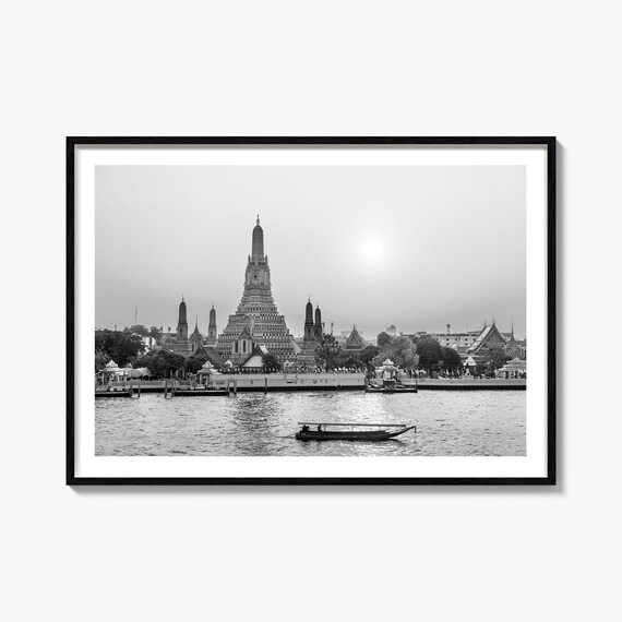 Bangkok Thailand Wat Arun Temple Black and White River Poster