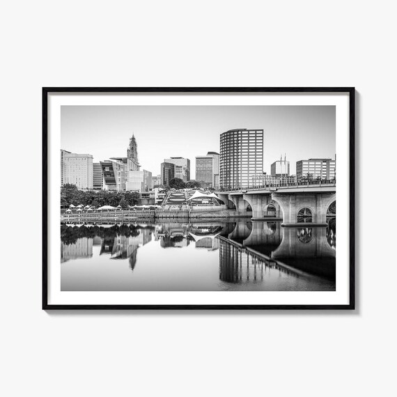 Connecticut Black And White City Skyline River Reflection Poster