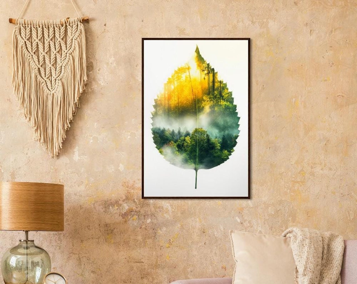 Green Leaf Double Exposure Misty Forest Sunlight Nature Art Poster