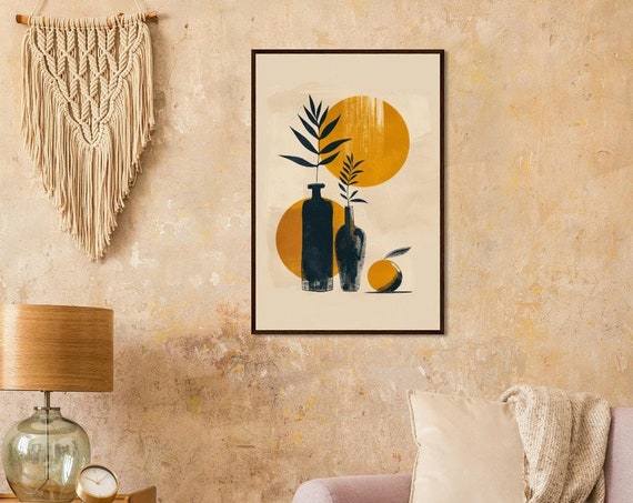 Modern Art Boho Still Life With Bottles And Vase Yellow Sunset Minimalist Design Hand Drawn High Resolution