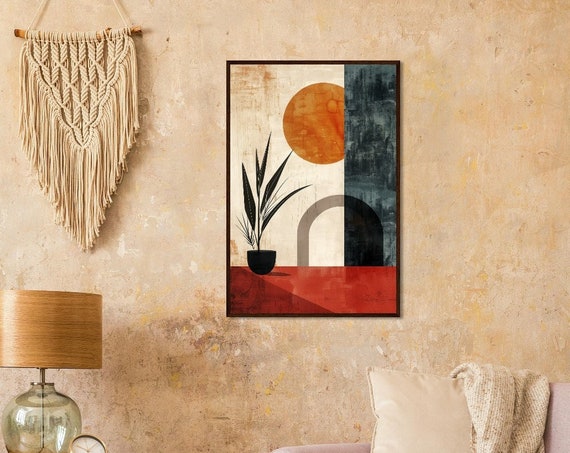 Mid Century Modern Boho Design Plant In Pot With Architectural Shapes