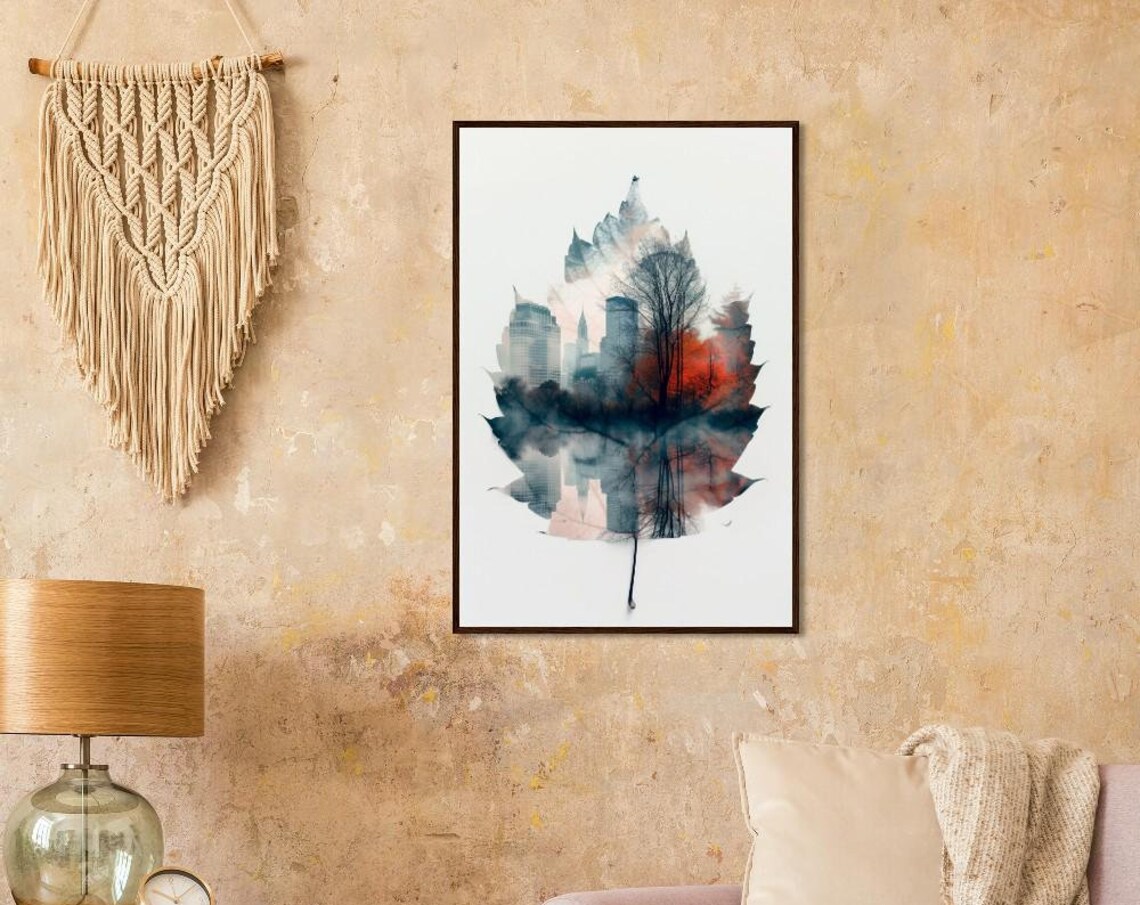 Autumn Leaf Double Exposure City Skyline Watercolor Urban Nature Poster