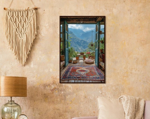 A Beautiful Boho Style House In The Mountains With Open Doors View Of An Old Inca City Through Them Colorful Rug On Floor