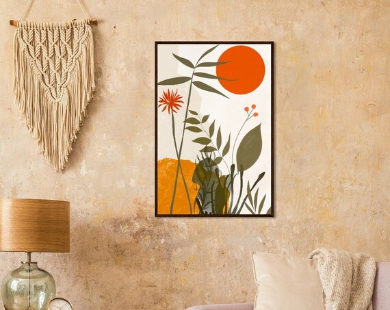 Modern Botanical Red Sun Bamboo Leaves Orange Blossom Minimalist Art Poster