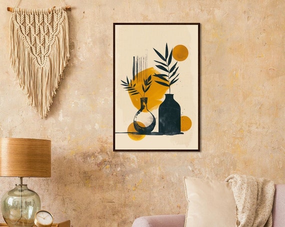 Abstract Illustration Boho Vases And Plants Yellow Black Minimalist Design Golden Ratio Vector Art