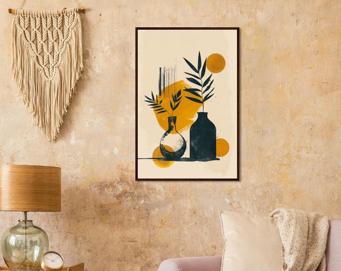 Botanical Still Life Dark Vases Leafy Branches Ochre Sun Art Poster
