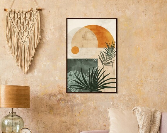 Boho Tropical Abstract Shapes With Sun And Palm Leaves Beige Tones With Green And Orange Simple Graphic Design Bohemian Aesthetic
