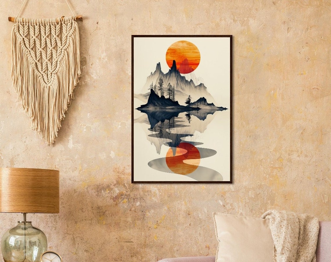Misty Mountain Lake Reflection Red Sun Japanese Ink Wash Nature Poster