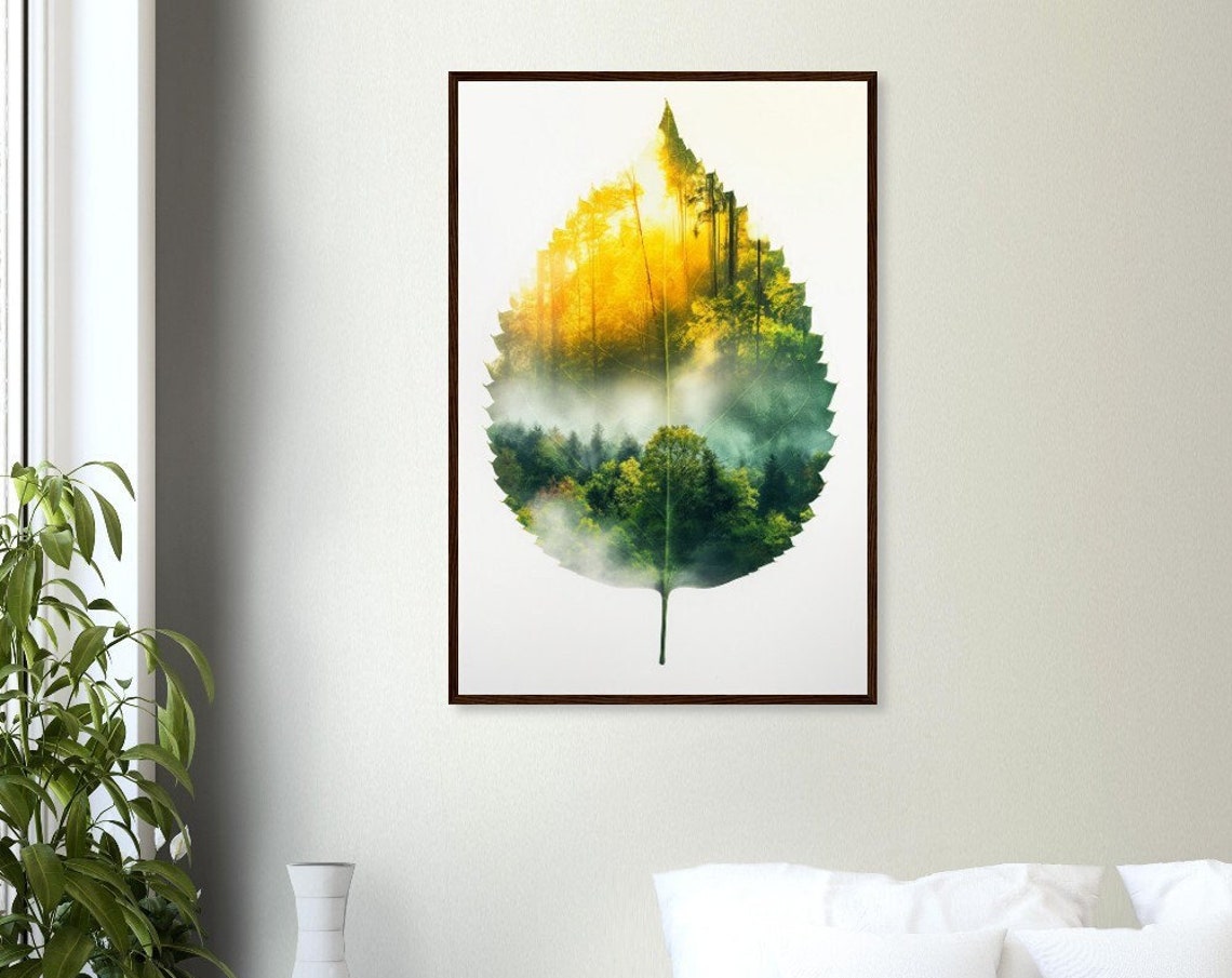 Green Leaf Double Exposure Misty Forest Sunlight Nature Art Poster - Image 3