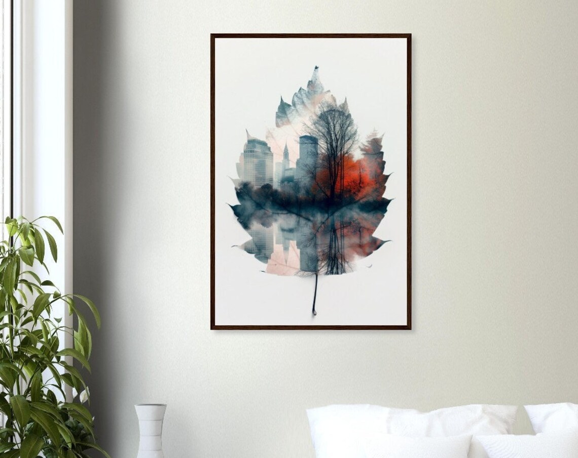 Autumn Leaf Double Exposure City Skyline Watercolor Urban Nature Poster - Image 3